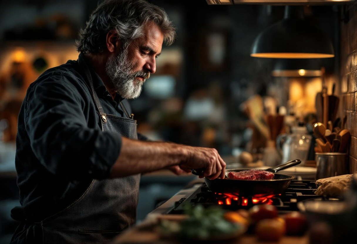 A man with grey beard cooking a steak in a cast iron skillet